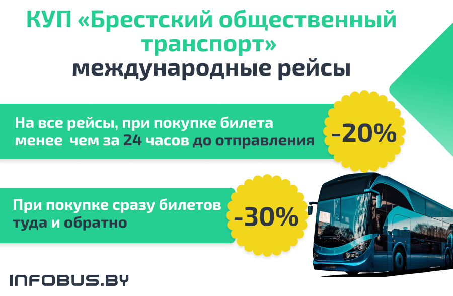 Путешествуйте со скидкой до 30% с КУП «Брестский общественный транспорт» международные рейсы!
